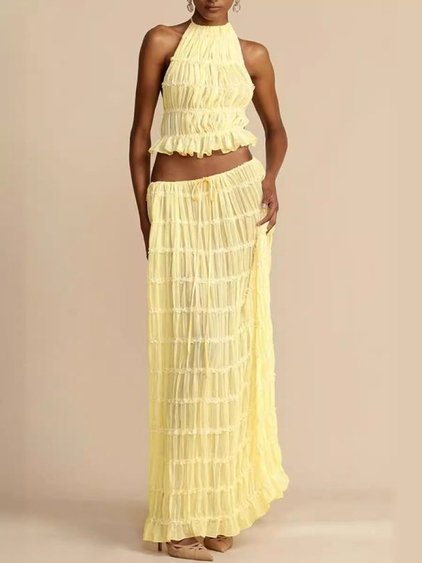 Women's Clothing Backless Halter Neck Sling Drawstring Chiffon Pleated Long Skirt Two Piece Set_ecoleips.com