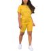 Women's Summer T-Shirt And Shorts Set Solid Color Gradient Print round Neck Short Sleeve European American Style Exclusive_ecoleips.com