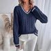Oversized V-Neck Cable Knit Sweater - Textured Rayon Blend Pullover For Women (S-XL, Classic Blue)_ecoleips.com