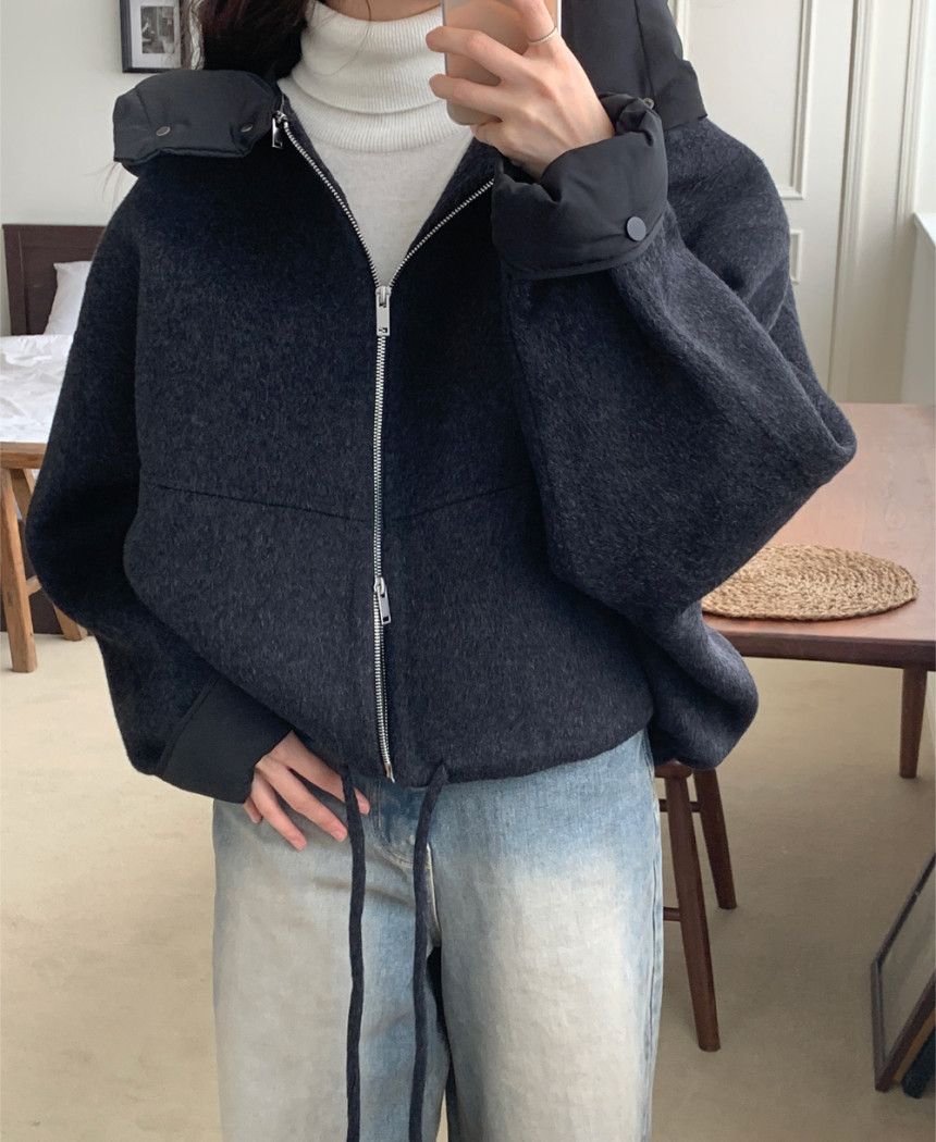 Women's Clothing Stylish Detachable Hooded Wool Blend Coat Casual Short Jacket With Belt & Patchwork Design, Loose Fit, Warm Winter Outerwear_ecoleips.com