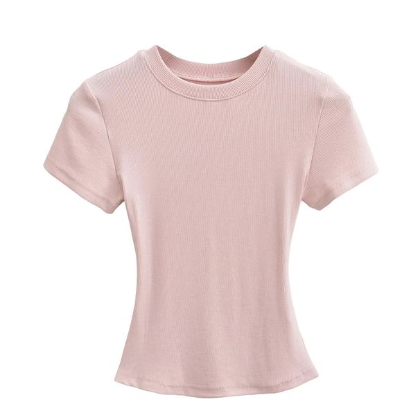 Women's Popular Tight-fitting Sexy Round Neck Short-sleeved T-shirt, Summer Solid Color Basic Knit Top_ecoleips.com