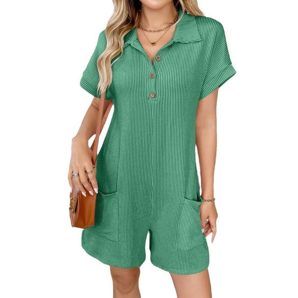 2025 Summer New Product: Collar Button Loose Pocket Short Sleeve, Fashionable, Comfortable, Lightweight, Breathable, Versatile Daily Jumpsuit For Wome_ecoleips.com