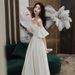Women's White Evening Gown Elegant Off-the-Shoulder Dress Sophisticated Banquet Wear Suitable For Everyday And Birthday Occasions New_ecoleips.com