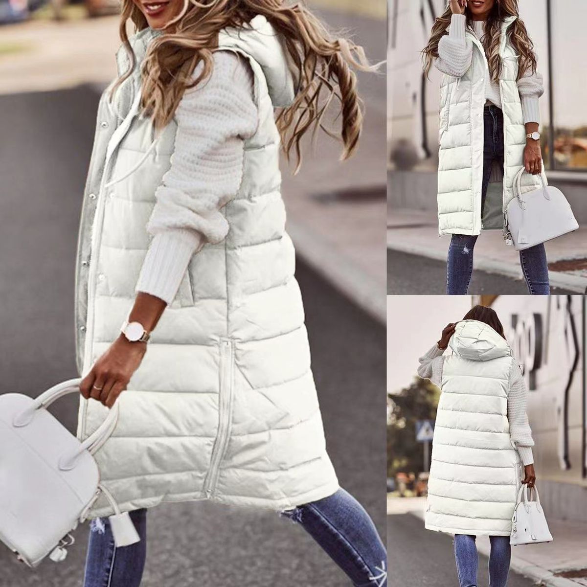 Women's jacket Solid color hooded long cotton vest single breasted sleeveless _ecoleips.com