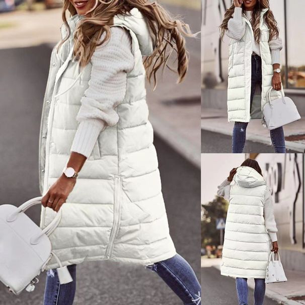 Women's jacket Solid color hooded long cotton vest single breasted sleeveless _ecoleips.com
