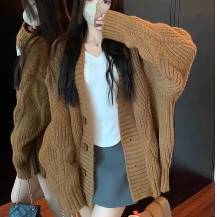 Cozy Cable Knit Cardigan – Soft Polyester-Spandex Blend, Oversized Open Front Sweater For Women, Cream & Khaki (One Size Fits Most)_ecoleips.com
