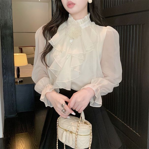 2025 New French Style Sweet And Elegant Floral Ruffle Stand Collar Versatile Tencel Chiffon Blouse For Women Summer_ecoleips.com