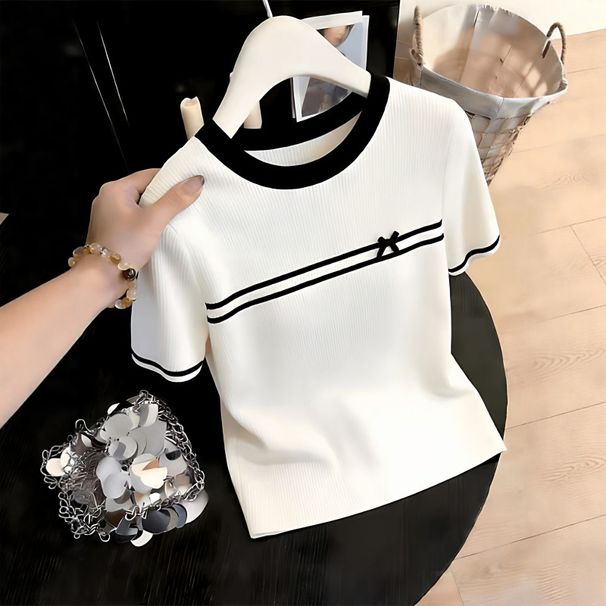 Women's Black White Color Block Splicing Round Neck Short Sleeve Knit Top Summer New Arrival_ecoleips.com