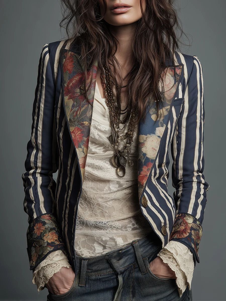 Color Block Stripe Blazer For Women, Slim Fit Casual Business Jacket, Versatile Stretch Blazer For Office And Night Out_ecoleips.com