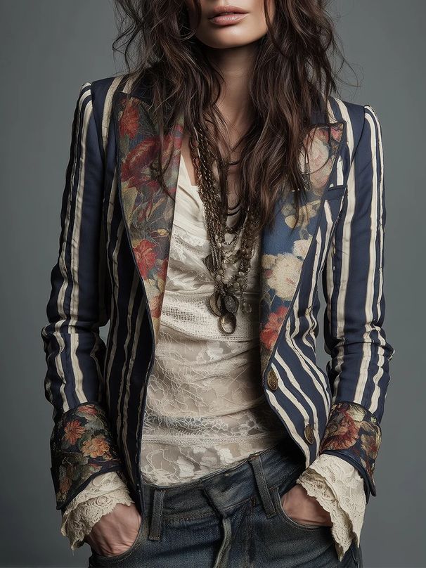 Color Block Stripe Blazer For Women, Slim Fit Casual Business Jacket, Versatile Stretch Blazer For Office And Night Out_ecoleips.com