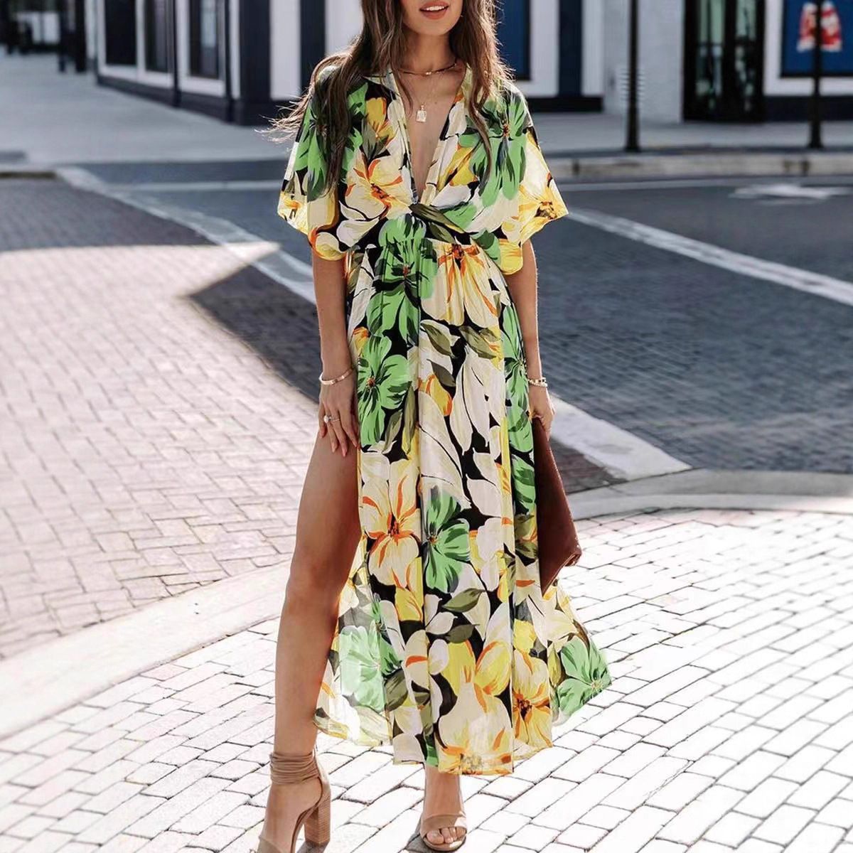 2026 Summer Women Sexy V-neck High Waist Printed Split Dress_ecoleips.com