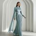 Voya Elegant Modest Evening Gown With High Neck, Long Sleeves, Pearl Embellishment & Ruched Chiffon Maxi Dress For Women (Sage Blue)_ecoleips.com