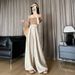 Suitable For All Seasons Ice Silk Cotton Wide-Leg For Women, Summer Draped Zen Style Linen Yamamoto With Thin Straps, Flowing Half Skirt Pants_ecoleips.com