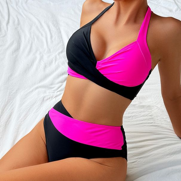 Women's Clothing Bikini Colorblock Halter Neck High Waist Bikini Split Swimsuit 2 Piece Set_ecoleips.com