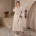 Elegant Gold-Embroidered Kaftan Dress – V-Neck Ribbon Detail Middle Eastern Muslim Abaya (Apricot, M-XL)_ecoleips.com