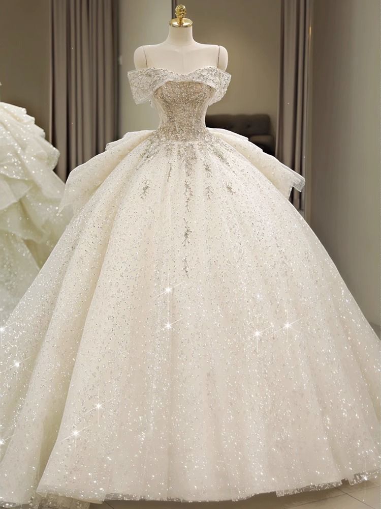 off the Shoulder Petite Wedding Dress European Style Train Luxurious French Style Main New 2025 Brides Party Wear_ecoleips.com