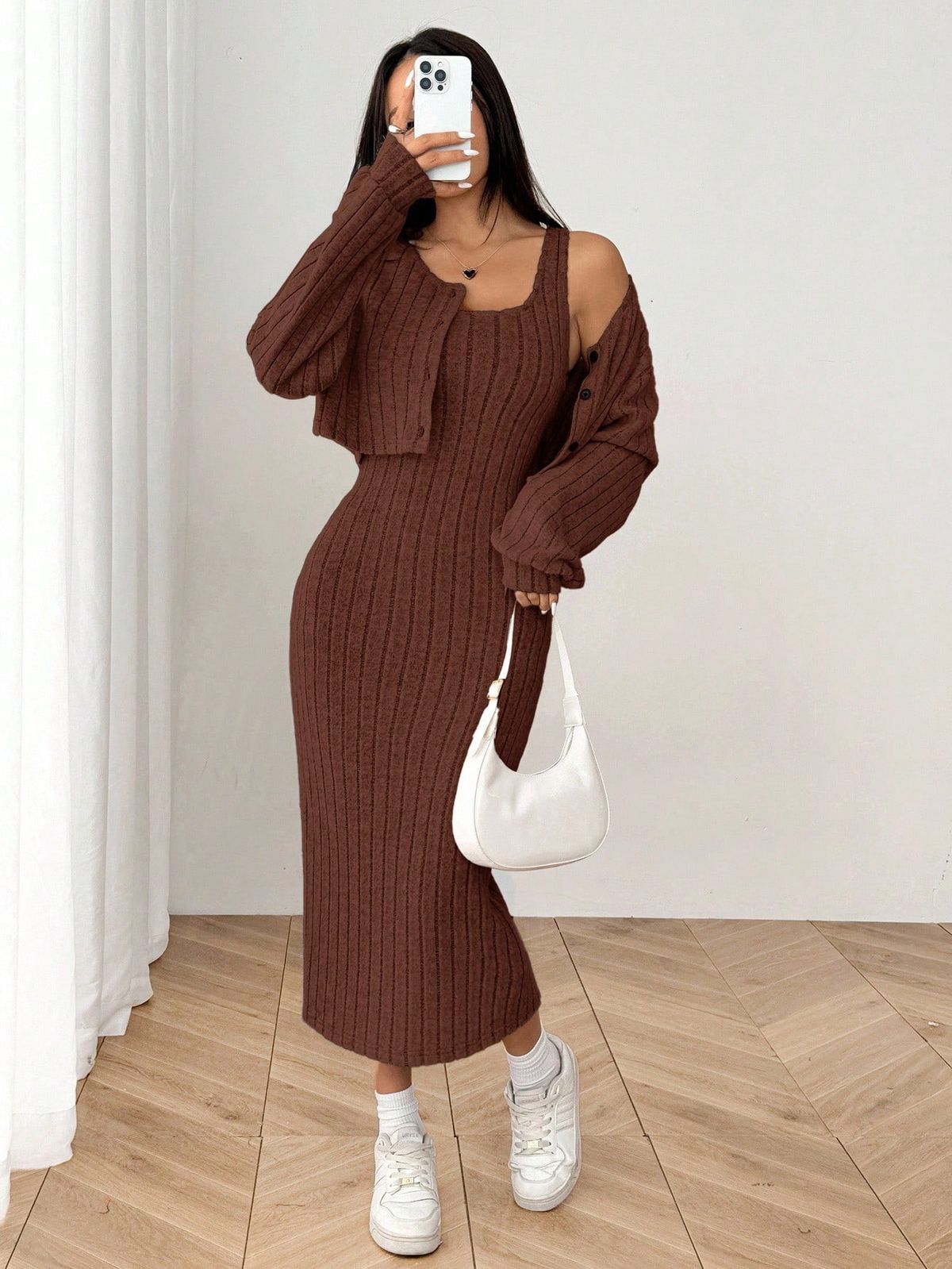 Women's Autumn Ribbed Knit Drop Shoulder Button Down Jacket And Fitted Midi Dress Set New Style_ecoleips.com