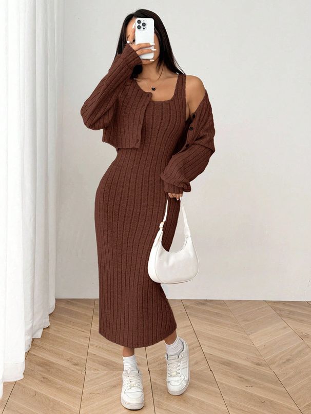 Women's Autumn Ribbed Knit Drop Shoulder Button Down Jacket And Fitted Midi Dress Set New Style_ecoleips.com