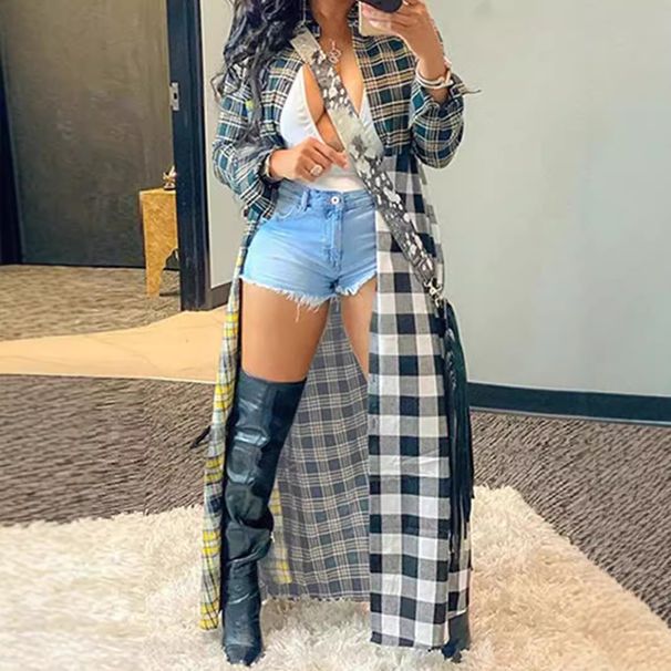 1915 Women's Cross-Border Fashion Casual Color-Block New Plaid Coat Long Shirt In Stock 1XL-5XL_ecoleips.com