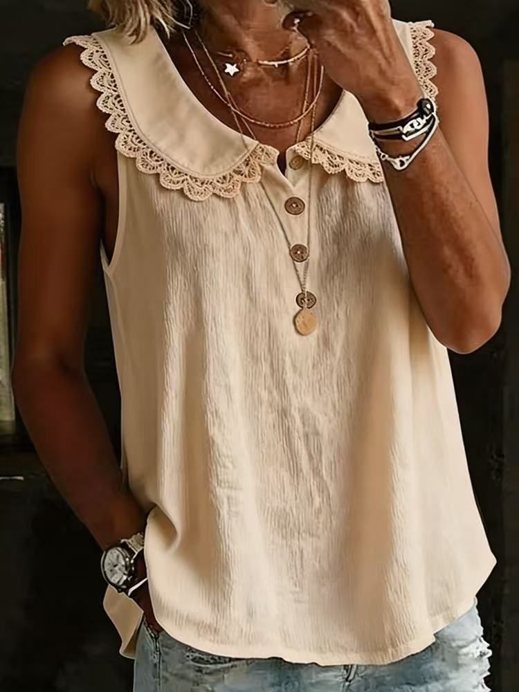 Women's Sleeveless Shirt Summer Fashion Design Loose Solid Color Button Lace Collar American Style Clothing_ecoleips.com