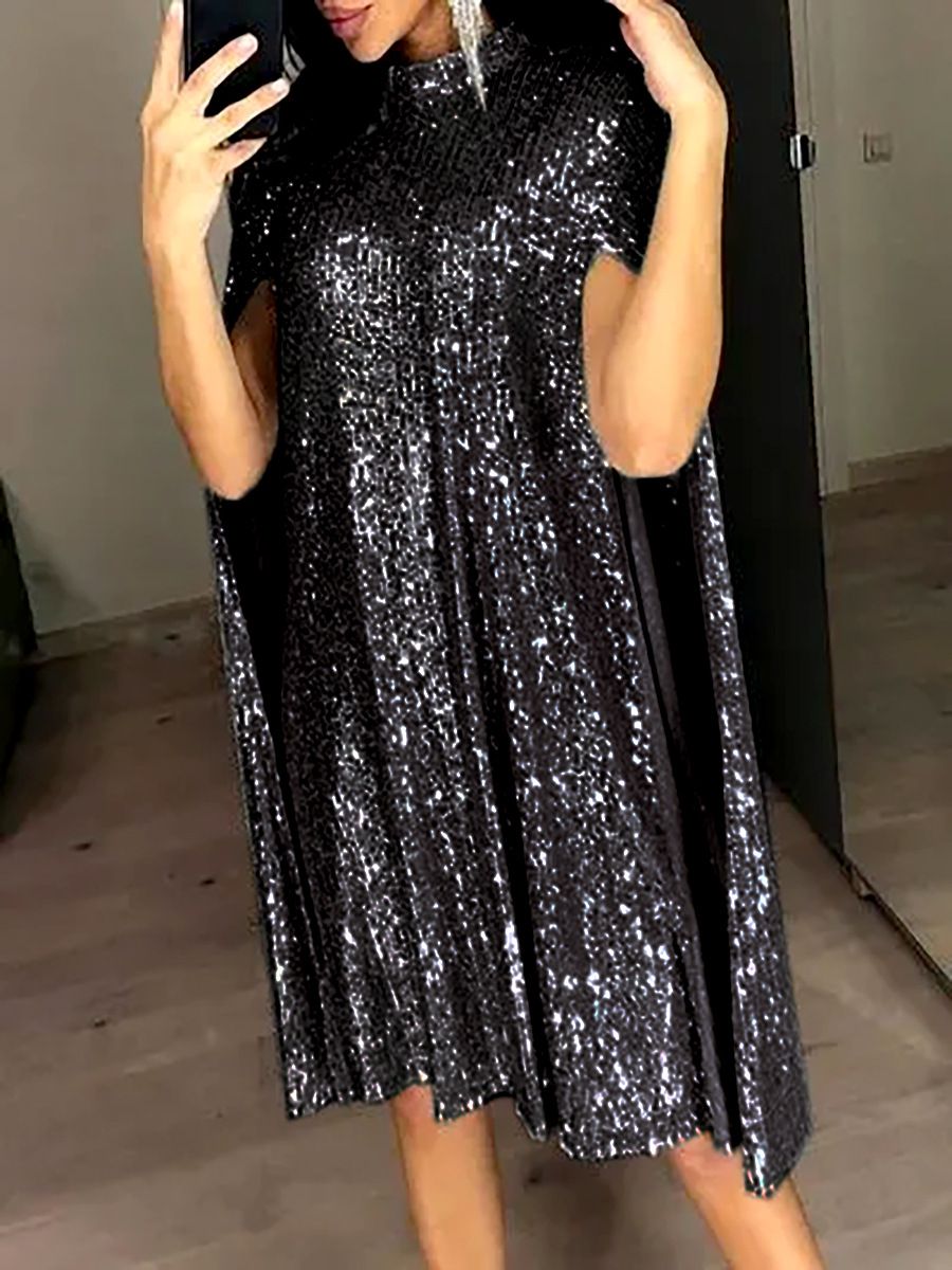 Women's Clothing Beaded Long Sleeved Slit Dress Small Stand Up Collar Dress Cape Skirt_ecoleips.com