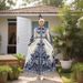 Women's Clothing Positioning Flower Long Skirt Muslim Dress Lantern Sleeve Waist Long Big Swing Dress_ecoleips.com