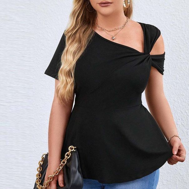 2026 European And American Cross-border Plus-size Women's Clothing Sexy Off-shoulder Asymmetrical Neck T-shirt Summer_ecoleips.com