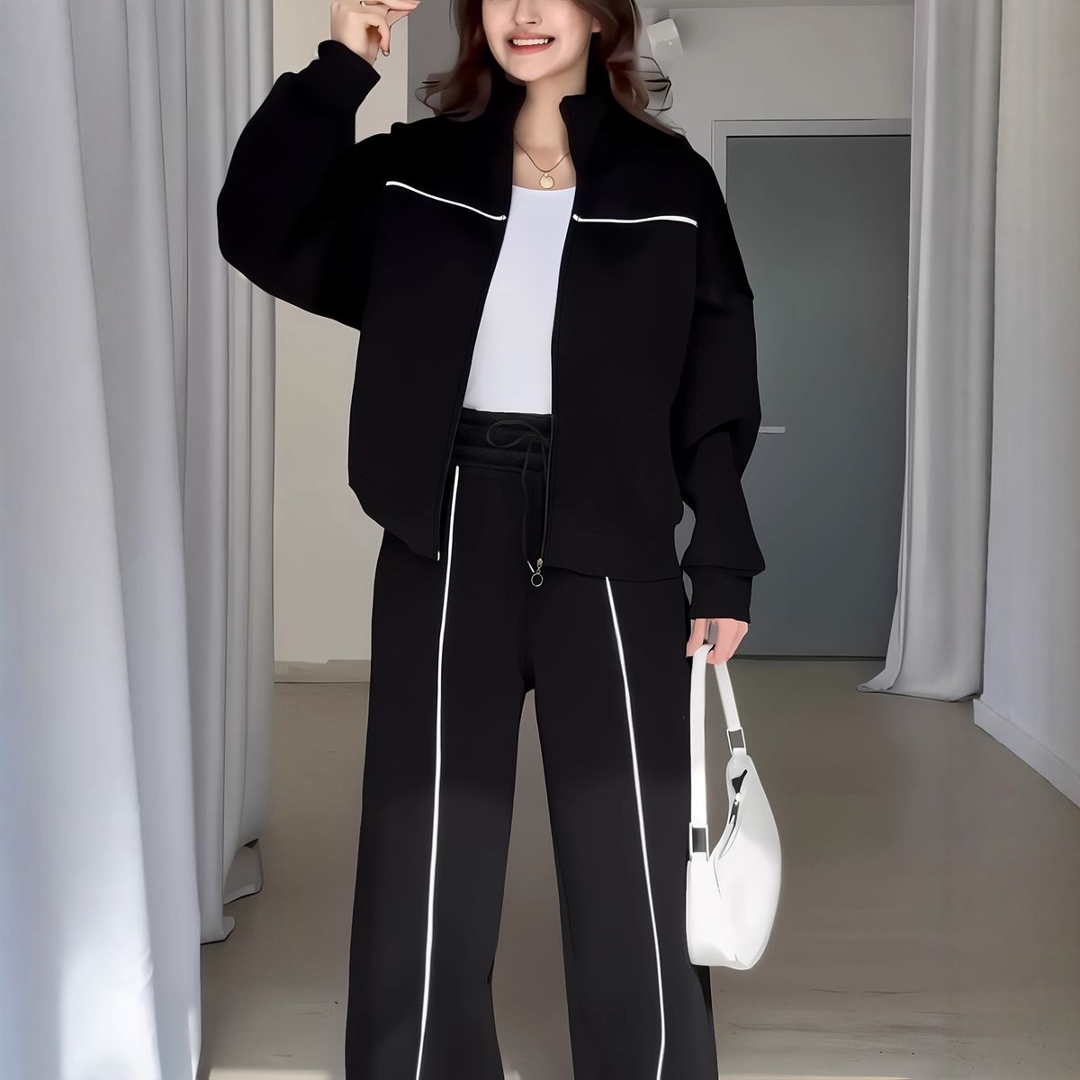 Women's plus Size Fleece Lined Sweatshirt Jacket And Pants Set Casual Autumn Two-Piece Outfit Polyester England Style Fashion_ecoleips.com