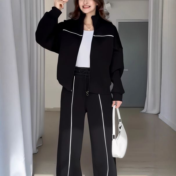 Women's plus Size Fleece Lined Sweatshirt Jacket And Pants Set Casual Autumn Two-Piece Outfit Polyester England Style Fashion_ecoleips.com