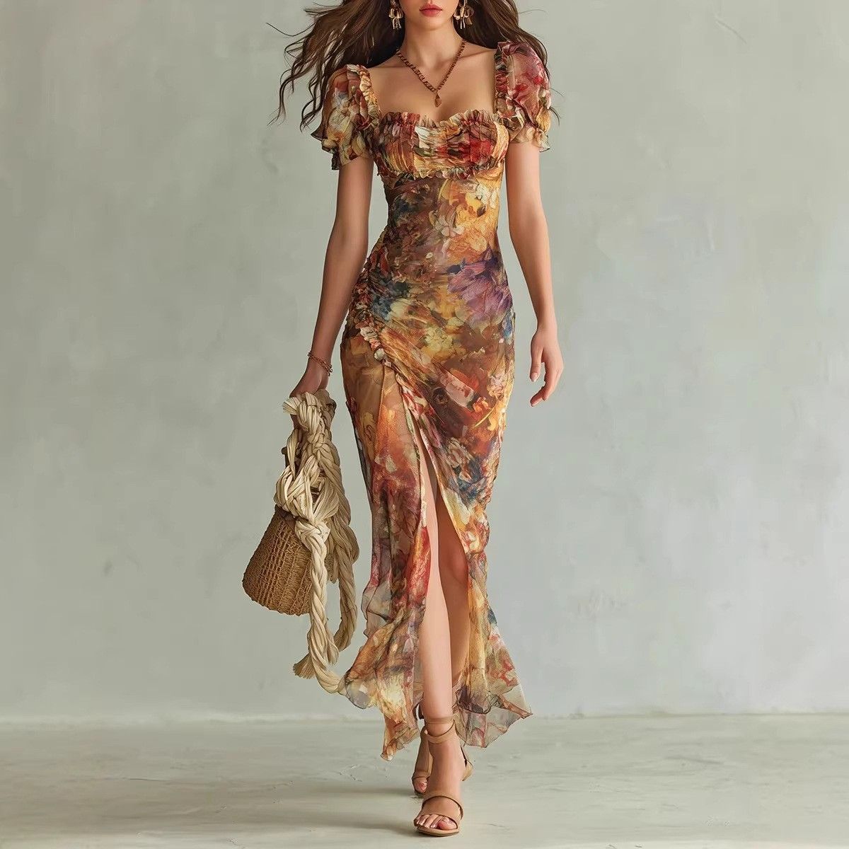 Spring Floral Wrap Dress V-Neck Ruffle Hem Casual Party Women's Dress Elegant Waist-Defining Belt Date Nights Brunch XS-XXL_ecoleips.com