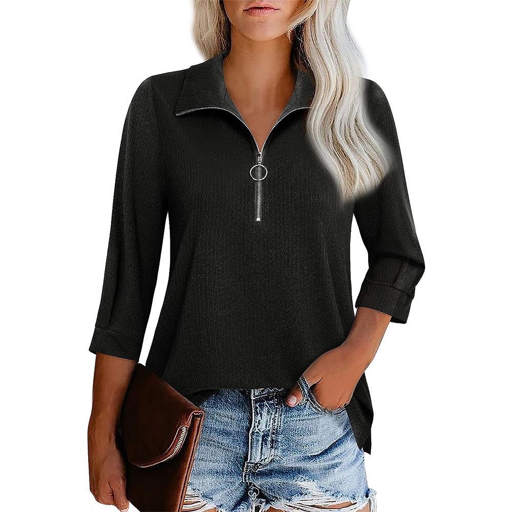2023 New European And American Hot-Selling Wom's Sev-Quarter Sleeve Zipper V-Neck T-Shirt Top Cross-Border Trade_ecoleips.com