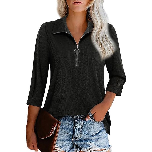 2023 New European And American Hot-Selling Wom's Sev-Quarter Sleeve Zipper V-Neck T-Shirt Top Cross-Border Trade_ecoleips.com