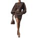 French-Inspired Off-Shoulder Sweater Dress – Long Sleeve Bell Sleeve Knit Dress With Belted Waist, A-Line Mini Dress (Brown, S-3XL)_ecoleips.com