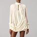Elegant French Style High Neck Long Sleeve Short Dress Three Dimensional Floral Embellishment Pleated Women's Party Wear New Style_ecoleips.com