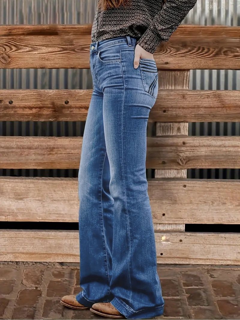 Aria Basics Cross-border European American Foreign Trade, Women's Blue Jeans With Embroidered Back Pocket, Loose Fit And Wide Leg_ecoleips.com