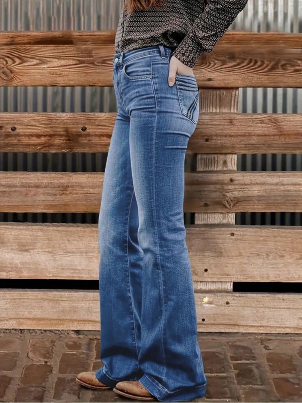 Aria Basics Cross-border European American Foreign Trade, Women's Blue Jeans With Embroidered Back Pocket, Loose Fit And Wide Leg_ecoleips.com
