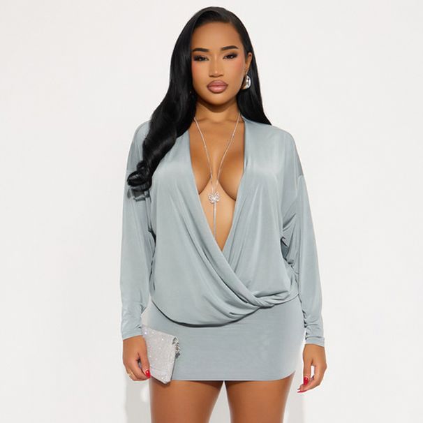Women's Deep V Neck Long Sleeve Bodycon Dress Autumn Winter Fashion Solid Color Waist Cinching European American Style_ecoleips.com