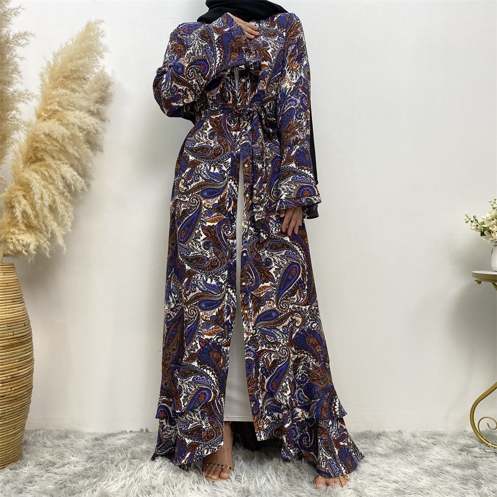 New Fashion Patchwork Flared Long Sleeve Full Button Slim Fit Parent-Child Muslim Dress 6380_ecoleips.com