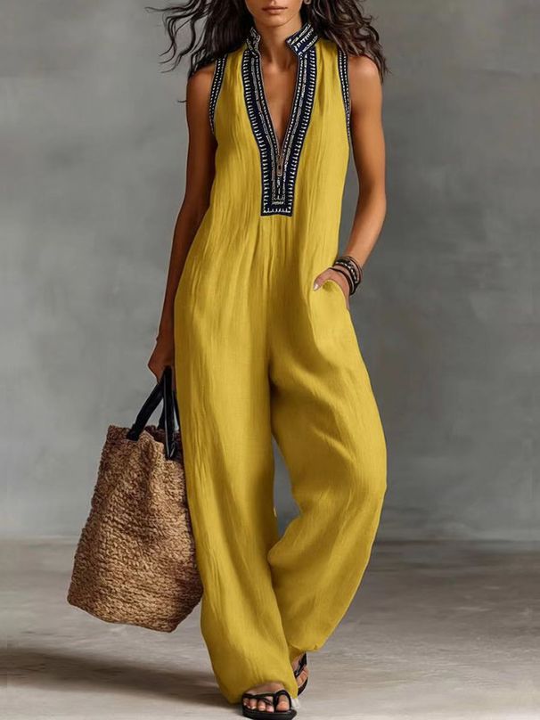 Women's Simple Linen Blend Jumpsuit Sleeveless Zipper Stand up Collar European American Style 2026 Cross Border Fashion_ecoleips.com