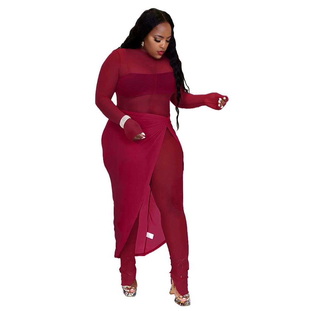 Women's Sexy Mesh & Lace Jumpsuit Skirt Set – Long Sleeve Bodycon Romper With High Slit & Sheer Panels (S-XXL, 3 Colors)_ecoleips.com