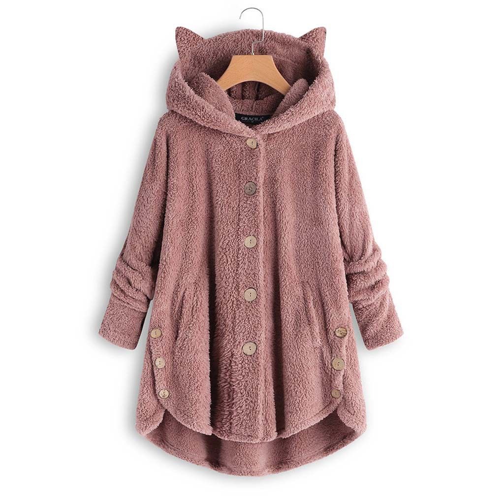 Women's Fluffy Hooded Cat Ear Button-Up Jacket With Asymmetrical Design - Cozy Oversized Streetwear Coat In Solid & Animal Print_ecoleips.com