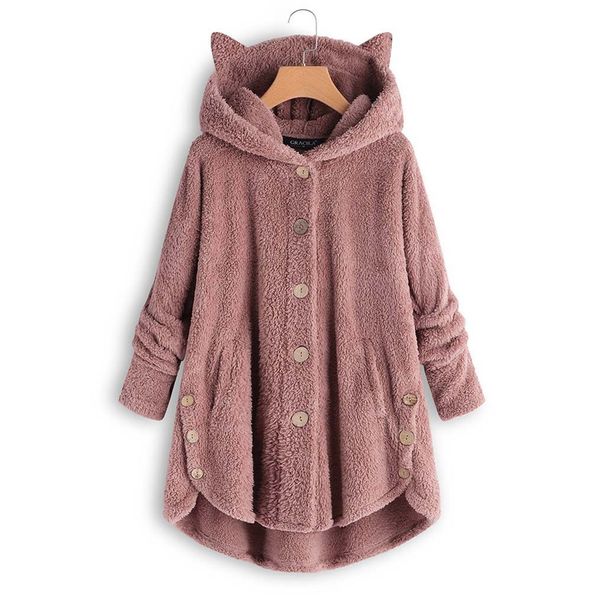 Women's Fluffy Hooded Cat Ear Button-Up Jacket With Asymmetrical Design - Cozy Oversized Streetwear Coat In Solid & Animal Print_ecoleips.com