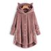 Women's Fluffy Hooded Cat Ear Button-Up Jacket With Asymmetrical Design - Cozy Oversized Streetwear Coat In Solid & Animal Print_ecoleips.com