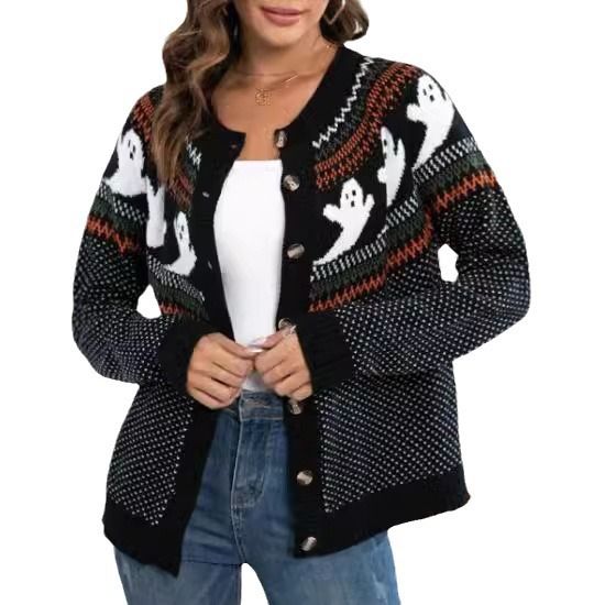 Halloween Ghost Knit Cardigan – Vintage Polka Dot Long Sleeve Open Front Sweater (Black, S-XXL)_ecoleips.com