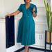 Women's Clothing Summer V-neck Fashion Short Sleeve Solid Color Flower Pleated Dress_ecoleips.com