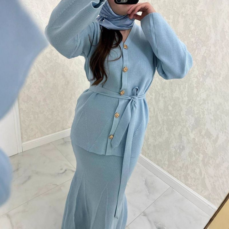 V-Neck Knit Sweater Dress With Button Details & Waist Tie - Long Sleeve A-Line Bodycon Dress, Polyester Spandex Blend, Fall Casual Outfit_ecoleips.com