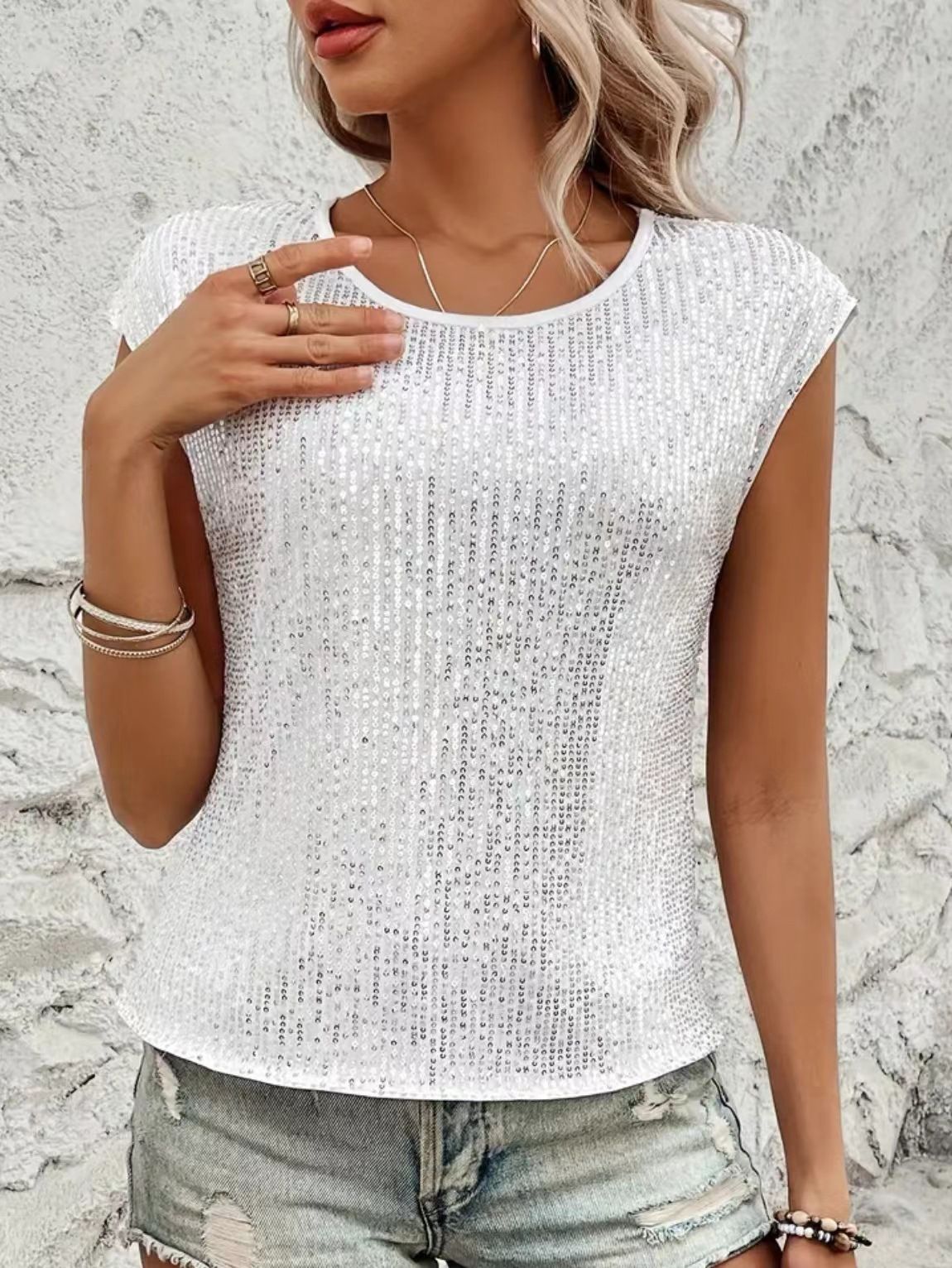 K New Loose Casual Fashion Party Round Neck Sleeveless Top Women's Sequin T-shirt. No Necklaces Or Other Accessories_ecoleips.com