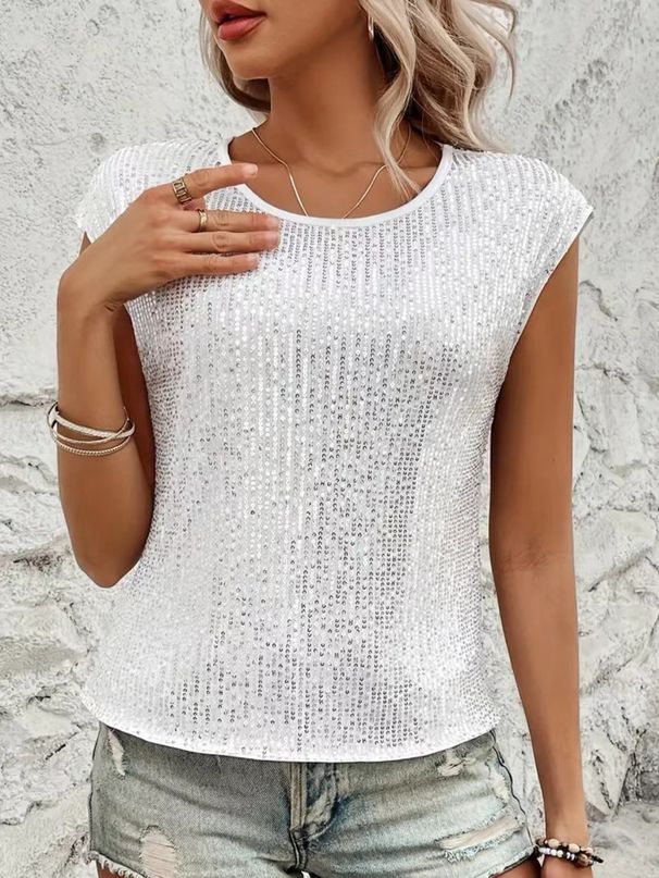 K New Loose Casual Fashion Party Round Neck Sleeveless Top Women's Sequin T-shirt. No Necklaces Or Other Accessories_ecoleips.com