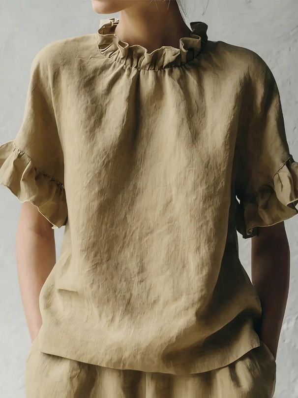 Women's Casual Flounce Hem Short Sleeve Top - Summer Solid Color Loose Fit Blouse (S-XXL, 7 Colors)_ecoleips.com