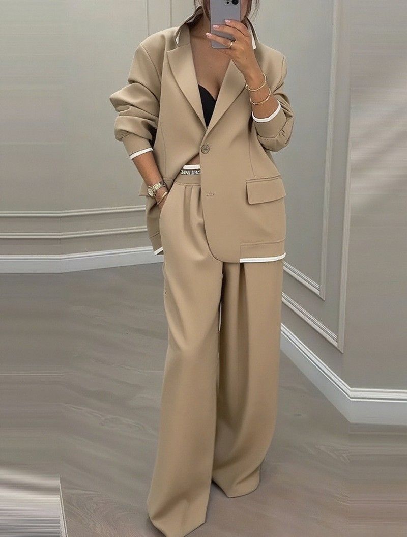 Women's Casual Suit Set Trendy Oversized Blazer With Wide Leg Pants Two Piece Outfit For Fall Winter_ecoleips.com